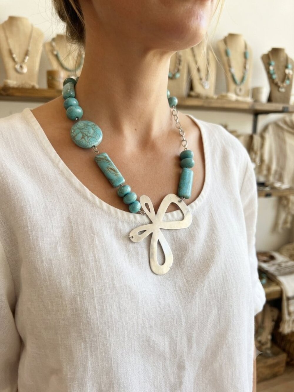 Boho Turquoise Beaded Necklace - Silver Statement Butterfly Charm - Unique 925